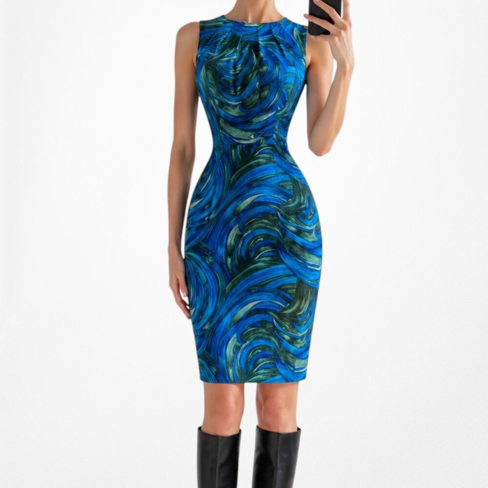 Vintage Y2K 90s Blue Knee Length Printed Sleeveless Sheath Dress Size S/M